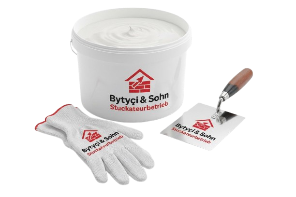 Eimer, Handschuhe und Spachtel mit Bytyci & Sohn Logo